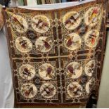 EMBROIDERED THROW WITH FRINGED BORDER AND CIRCULAR PANELS DEPICTING DANCING FIGURES 144CM X 138CM