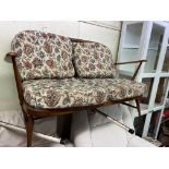 ERCOL ELM SPINDLE BACK TWO SEATER SOFA WITH TAPESTRY FLORAL CUSHION