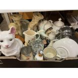 A CARTON CONTAINING SEATED CAT FIGURE, HORNSEA WARE ETC,