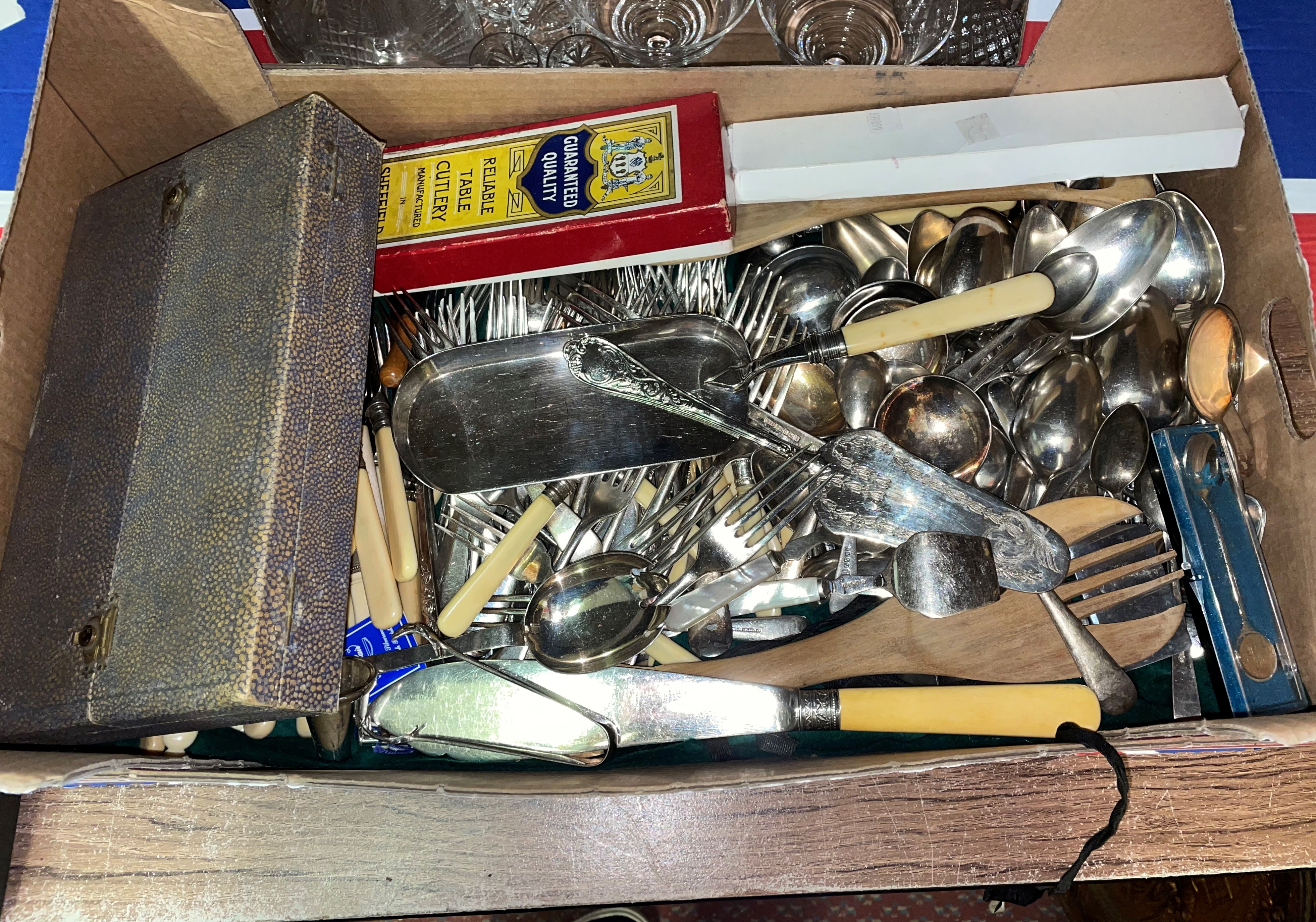 BOX OF ASSORTED PLATED CUTLERY,