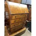 REPRODUCTION GEORGE I STYLE WALNUT BUREAU WITH FITTED INTERIOR H 98CM, W 70CM,