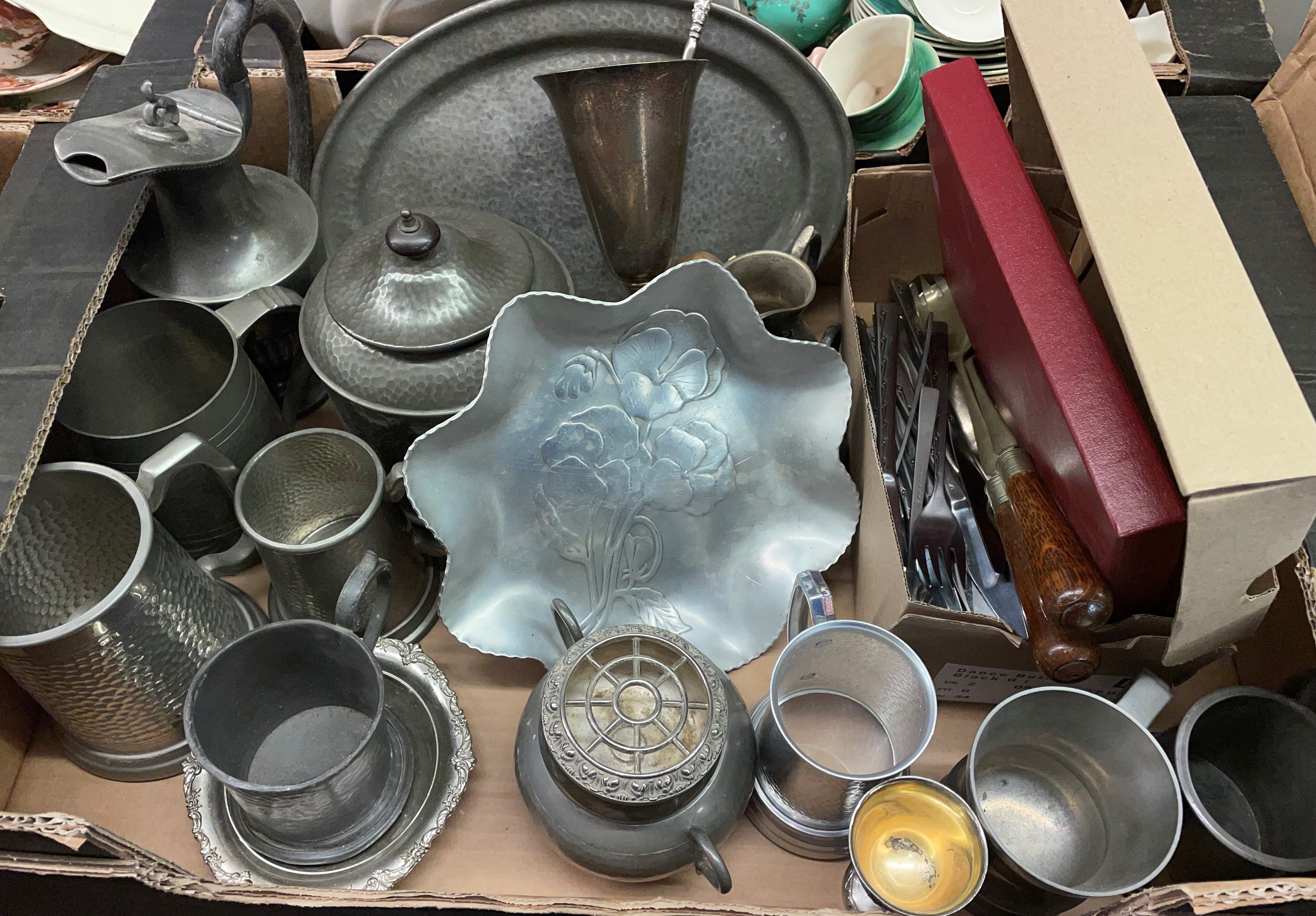 BOX CONTAINING PEWTER BISCUIT BARREL, EPBM WATER JUG, BOX OF VARIOUS CUTLERY, CANADIAN FLORAL DISH,