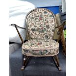 ERCOL HOP SPINDLE BACK ROCKING ARMCHAIR WITH TAPESTRY CUSHION