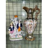 19TH CENTURY STAFFORDSHIRE FLAT BACK FIGURAL GROUP SPILL VASE AND A CONTINENTAL EWER VASE