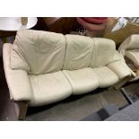 CREAM LEATHER AND BEECH SHOW FRAME LOUNGE SUITE COMPRISING TWO SEATER SOFA,