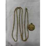 9CT GOLD ST CHRISTOPHER PENDANT ON AN UNMARKED YELLOW METAL DOUBLE ROPE TWIST CHAIN 4.
