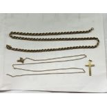 9K GOLD ROPE TWIST CHAIN, A 9CT GOLD CROSS AND A 9CT GOLD FINE TRACE CHAIN A/F 6.