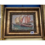 UNSIGNED OIL ON BOARD OF BOATS IN MOULDED GILT FRAME 25CM X 17CM APPROX