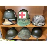 MILITARY TIN HELMETS AND RED CROSS HELMETS