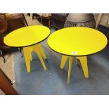 TWO YELLOW METAL BASED LOW TABLES