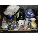 CARTON BLUE AND WHITE DICKENS SERIES WARE POTTERY, GLASS BOWLS, PART DRESSING TABLE SET,