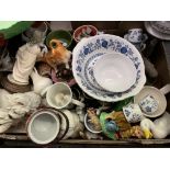 BOX OF MISC CERAMICS, DOG FIGURES, CARLTON WARE LOBSTER BOWL,