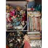 BOX OF CHRISTMAS DECORATIONS AND VINTAGE TINS OF VARIOUS BUTTONS