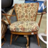 ERCOL ELM UPHOLSTERED OPEN ARMCHAIR( LEATHER WEBBING AS FOUND) (PERISHED)
