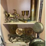 WWI CARTRIDGE SHELL, BRASS HORSE FIGURE GROUPS, BRASS EMBOSSED PLAQUES, HORSE BRASSES,