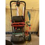 QUALCAST PETROL LAWNMOWER AND GRASS BOX AND A QUALCAST ELECTRIC STRIMMER