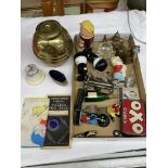 TRAY OF MISCELLANEOUS ITEMS INCLUDING A ROBERTSON'S JAM ADVERTISING FIGURE, OXO CUBE TIN,