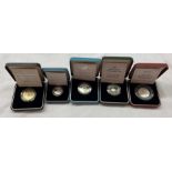 FIVE CASED PROOF COINS INCLUDING UK SILVER PROOF £1 COIN, SILVER PROOF PIEDFORT £2 COIN,