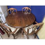 DUCAL HONEY PINE CIRCULAR PEDESTAL BREAKFAST TABLE AND FIVE CAMEL BACK CHAIRS