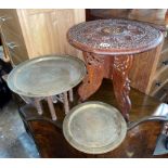 CARVED AND BONE INLAID CIRCULAR TABLE AND SMALL BRASS ENGRAVED FOLDING TABLE