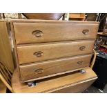 ERCOL LIGHT ELM THREE DRAWER CHEST HEIGHT 66CM, WIDTH 91CM,