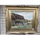 SIGNED WATERCOLOUR OF A COTTAGE GARDEN 1917" BY H.E.COX 1869-1941 F/G IN GILT FRAME 37CM X 28.