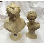 SMALL PLASTER BUST BY A GIANNELLI ON AN ALABASTER SOCLE 24CM H APPROX AND ANOTHER RESIN MOULDED