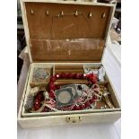 JEWELLERY BOX CONTAINING COSTUME JEWELLERY, WRIST WATCHES, BEADS,