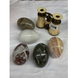 GILT METAL AND POSSIBLY IVORY OPERA GLASSES AND A SELECTION OF POLISHED AGATE EGGS