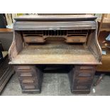 LATE VICTORIAN OAK TAMBOUR SHUTTER PEDESTAL DESK