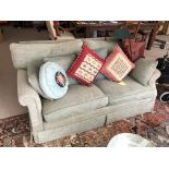 SUPERB QUALITY MINT GREEN FABRIC TWO TWO SEATER SOFAS WITH SCATTER CUSHIONS
