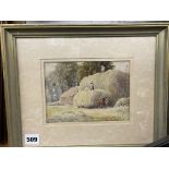 SIGNED WATERCOLOUR TITLED "HAYMAKING AT ASHOW, WARWICKSHIRE, 1932" BY H.E.