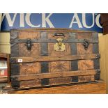 WOODEN BANDED AND STUDDED DOMED CABIN TRUNK WITH COMPARTMENT INTERIOR
