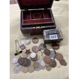 THE VICTORIAN RED MORROCAN LEATHER JEWELLERY CASKET, MINIATURE ENAMEL TIN OF PRE-DECIMAL COINS,