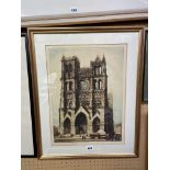 COLOURED ETCHING OF A CATHEDRAL WITH HC BLIND PROOF STAMP