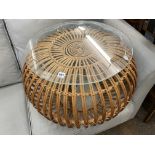 VINTAGE BAMBOO GLOBULAR CANE TABLE WITH GLASS TOP