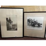 TWO ETCHINGS DURHAM CASTLE AND CATHEDRAL AND A STREET SCENE WITH BLIND STAMP FRAMED AND GLAZED