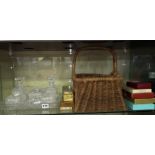 SEVEN PIECE GLASS DRESSING TABLE SET, VINTAGE HEN BASKET, TIN OF DOMINOES AND CRIBBAGE MARKETS,