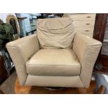 BEIGE LEATHER AND CHROME SWIVEL ARMCHAIR