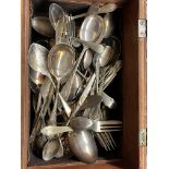 WOODEN BOX OF ASSORTED PLATED CUTLERY