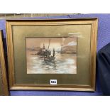 WATER COLOUR HEIGHTENED ON GOUACHE FISHING BOAT LEAVING HARBOUR FRAMED AND GLAZED MONOGRAMMED * EM