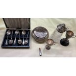 SILVER TOPPED GLASS SIFTER, CASED SET OF SIX EPNS TEA SPOONS, SILVER CHEROOT HOLDER,