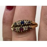 18CT GOLD DOUBLE BAND RUBY AND SAPPHIRE STONE SET RING, 3.