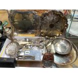 SILVER PLATED SALVER AND TRAY OF SILVER PLATED CUTLERY, LEATHER CASED HIP FLASK, CIGARETTE CASE,