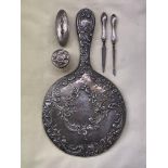 SILVER EMBOSSED BACKED HAND MIRROR, SILVER HANDLED NAIL ACCOUTREMENTS,