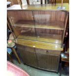 MAHOGANY GLAZED BOW FRONTED CABINET WITH GLASS SLIDING DOORS H.45, W.92, D.