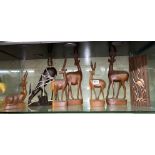 CARVED AFRICAN ELAND TABLE LAMPS AND CARVED GAZELLE FIGURES