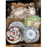 BOX - DINNER SERVICE TUREENS AND PLATTERS, PAIR OF IMARI PLATES, BLUE AND WHITE WARE,