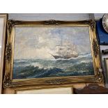 OIL ON CANVAS OF A SAILING SHIP IN CHOPPY SEAS BY A.