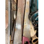 CRATE OF VARIOUS TOOLS AND GOOD SELECTION OF SAWS